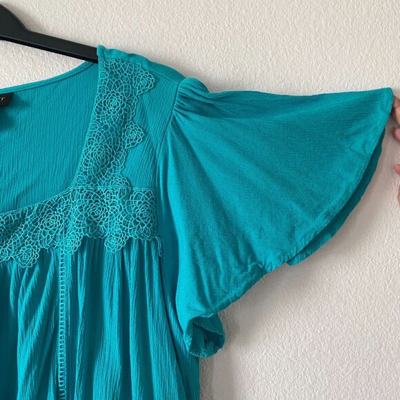 Lane Bryant Women's Tunic Teal Sz 14 Flare Sleeve Squared Neck Rayon Blouse Top - Picture 3 of 11
